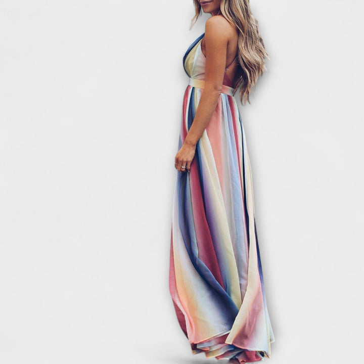 Robe maxi femme multicolore à rayures avec décolleté en V