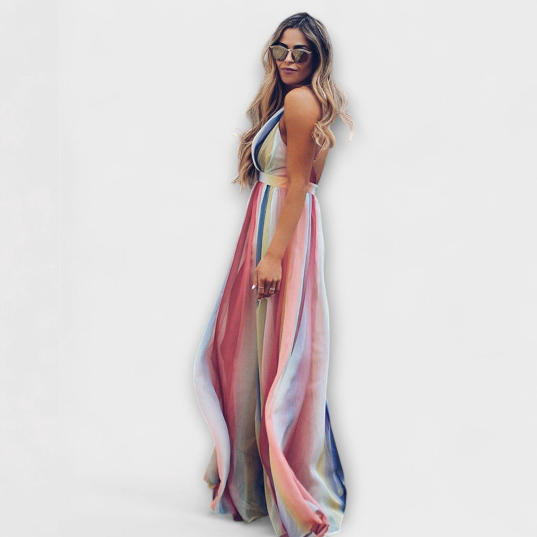 Robe maxi femme multicolore à rayures avec décolleté en V