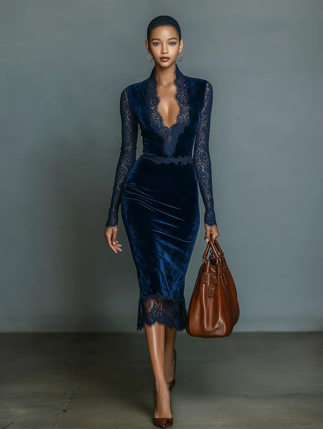 Amelia | Robe Midi en Velours Bleu Foncé avec Détails en Dentelle et Décolleté en V