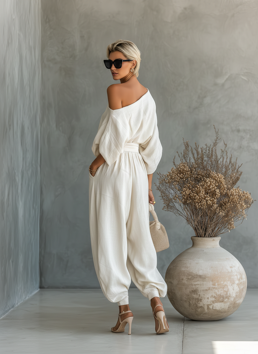 Ella | Ensemble en Lin Blanc Off-Shoulder