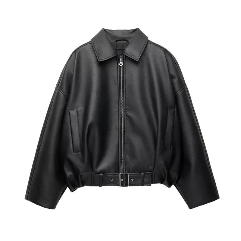 Vestes bombardier Vintage en cuir PU pour femme, manteau avec fermeture éclair, revers, manches longues, poches, avec ceinture, ample, Streetwear, nouvelle collection automne 2025