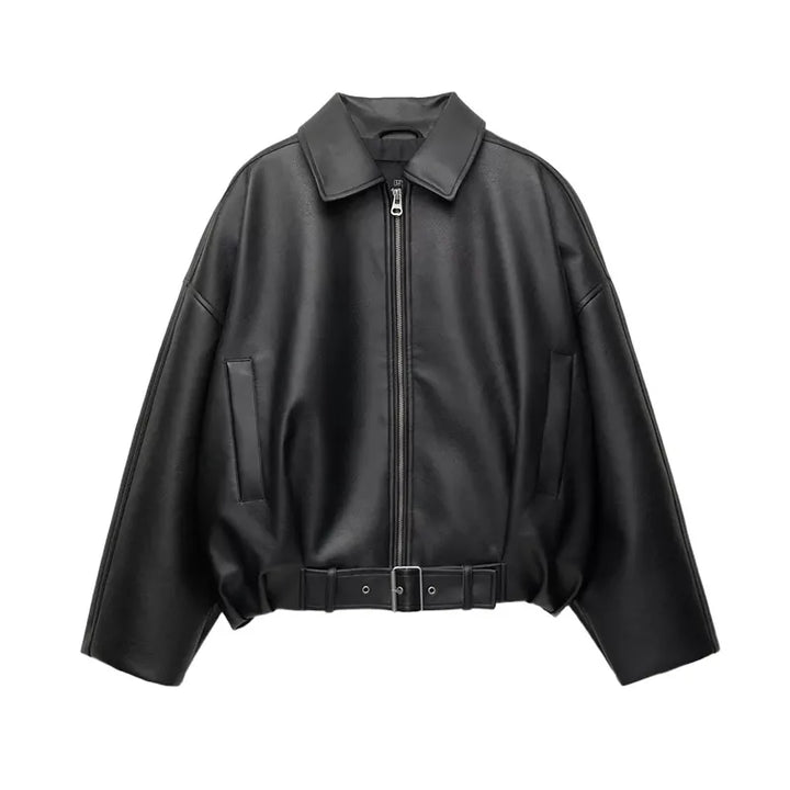 Vestes bombardier Vintage en cuir PU pour femme, manteau avec fermeture éclair, revers, manches longues, poches, avec ceinture, ample, Streetwear, nouvelle collection automne 2025