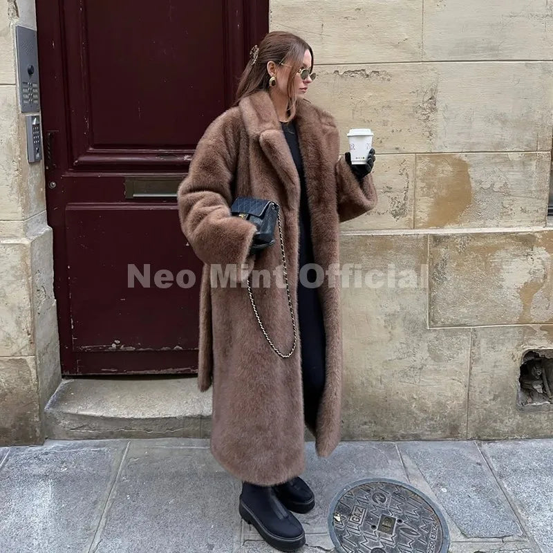 Neo Mint ceinturé fausse fourrure de vison manteau femmes 2025 hiver Beige dégradé fourrure veste de luxe marque à capuche chaud manteau d'extérieur