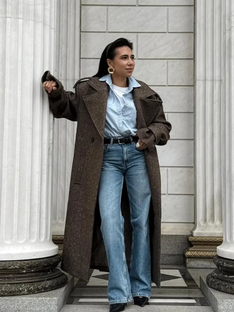 Trench-Coat Long en laine à revers pour femmes, manches longues, simple boutonnage, pardessus ample, vêtements d'extérieur pour les déplacements au bureau, automne 2025