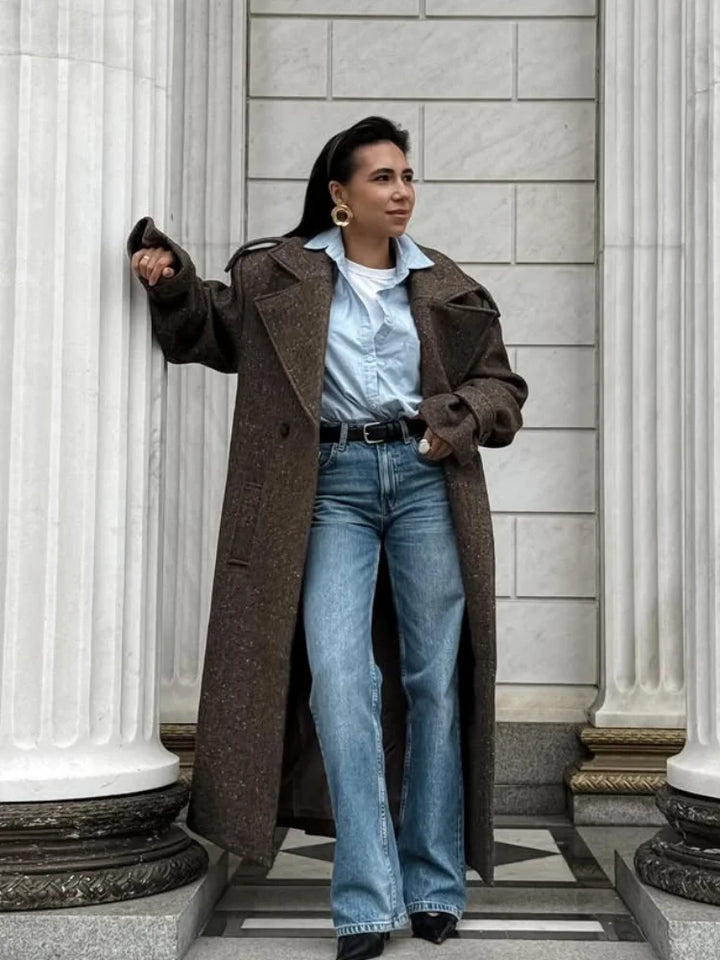 Trench-Coat Long en laine à revers pour femmes, manches longues, simple boutonnage, pardessus ample, vêtements d'extérieur pour les déplacements au bureau, automne 2025
