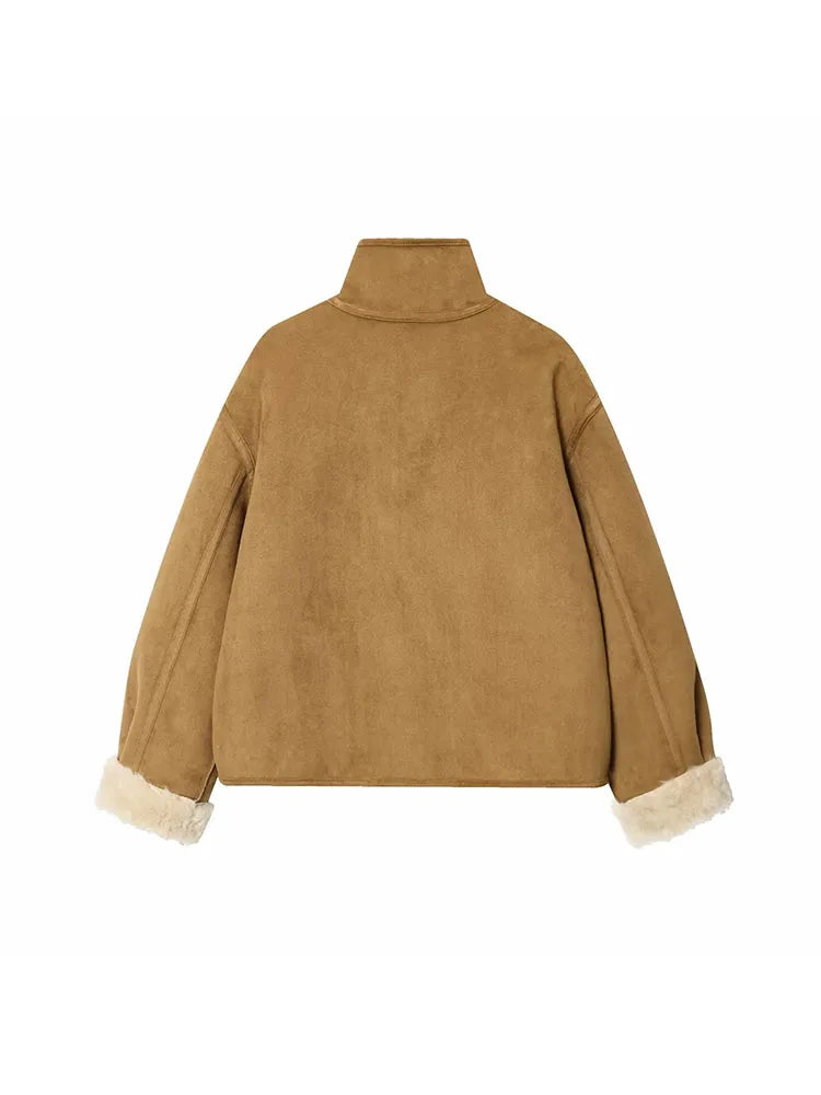 Femmes 2025 Double face porter agneau velours manteau femmes mode col montant simple boutonnage poche courte veste dame vêtements d'extérieur