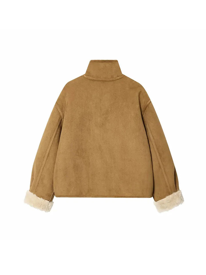 Femmes 2025 Double face porter agneau velours manteau femmes mode col montant simple boutonnage poche courte veste dame vêtements d'extérieur