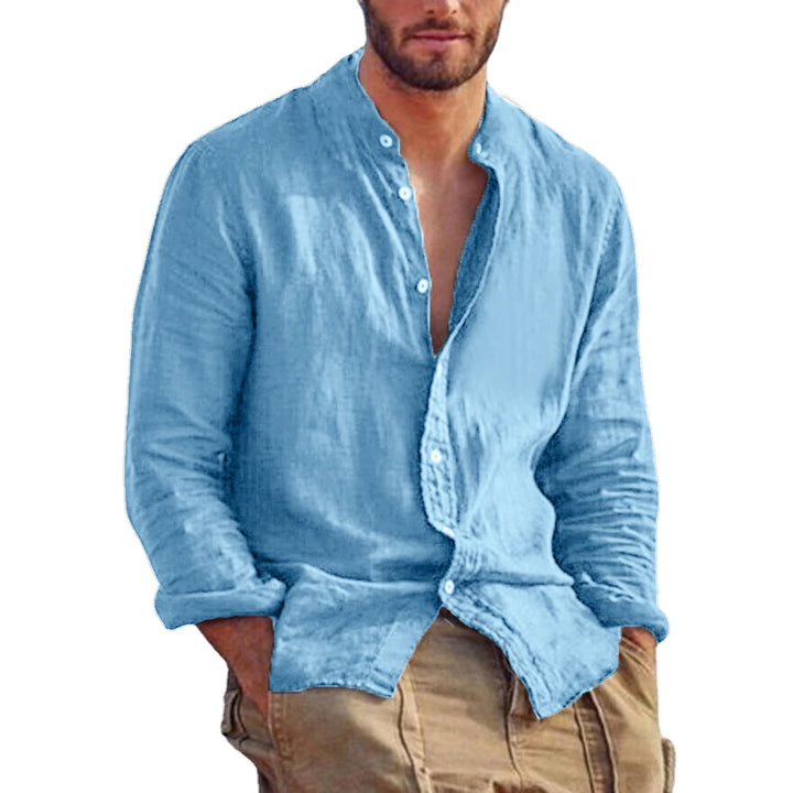 Mode Lumiére | Chemise en Lin Col Mao Homme  Élégance Décontractée