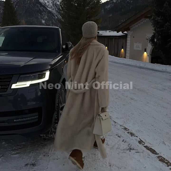 Neo Mint ceinturé fausse fourrure de vison manteau femmes 2025 hiver Beige dégradé fourrure veste de luxe marque à capuche chaud manteau d'extérieur