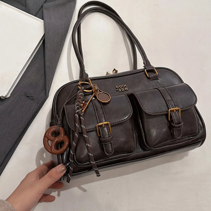 Sac à main multi-poches marron café pour femmes, sac à bandoulière élégant et polyvalent avec lettres pour les voyages, le travail, les dates de shopping
