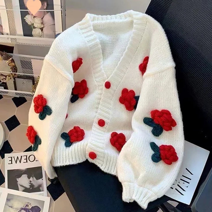 Cardigan tricoté à fleurs 3D pour femme, doux et mignon, coréen, assorti avec tout, col en v, manteau, automne hiver, Style doux, nouvelle collection