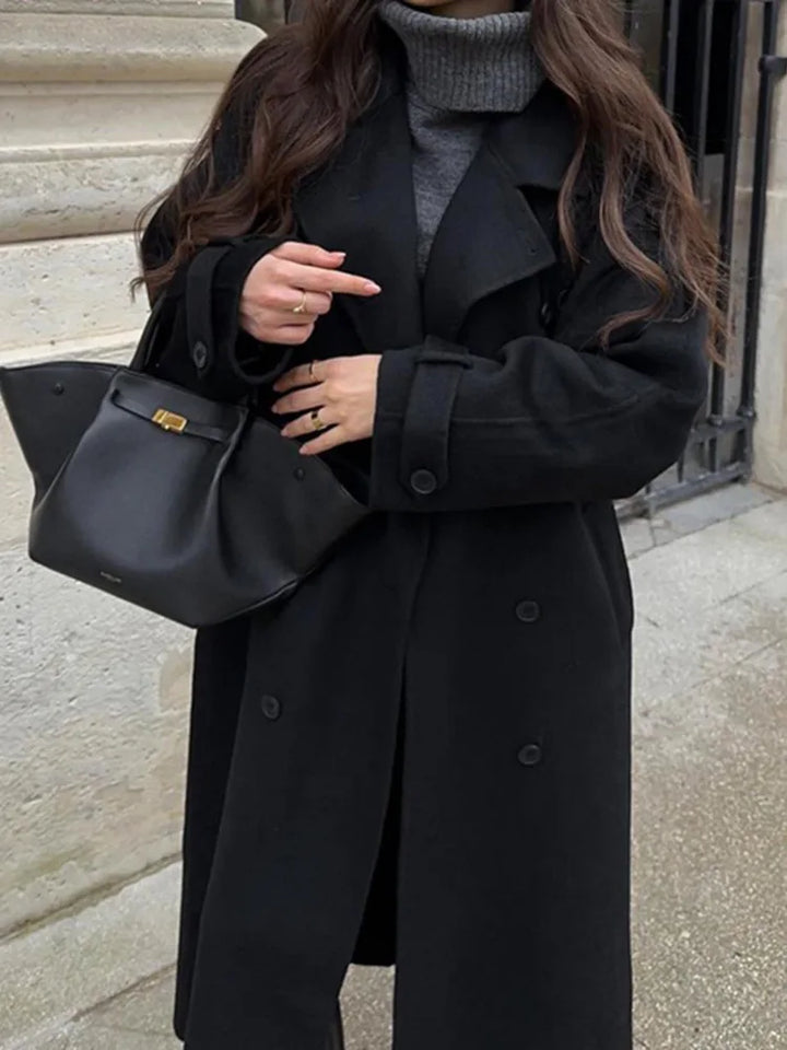 Manteau Long Noir Élégant avec Ceinture pour Femme, Pardessus Surdimensionné en Laine, Double Bouton, Revers, Nouvelle Collection Automne