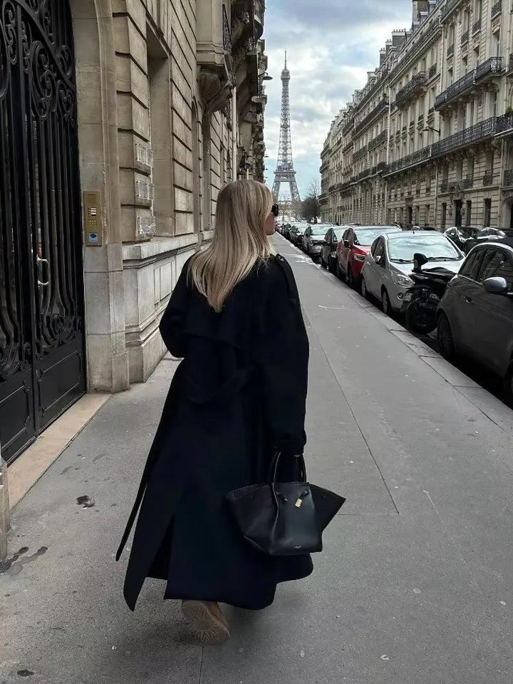 Manteau Long Noir Élégant avec Ceinture pour Femme, Pardessus Surdimensionné en Laine, Double Bouton, Revers, Nouvelle Collection Automne