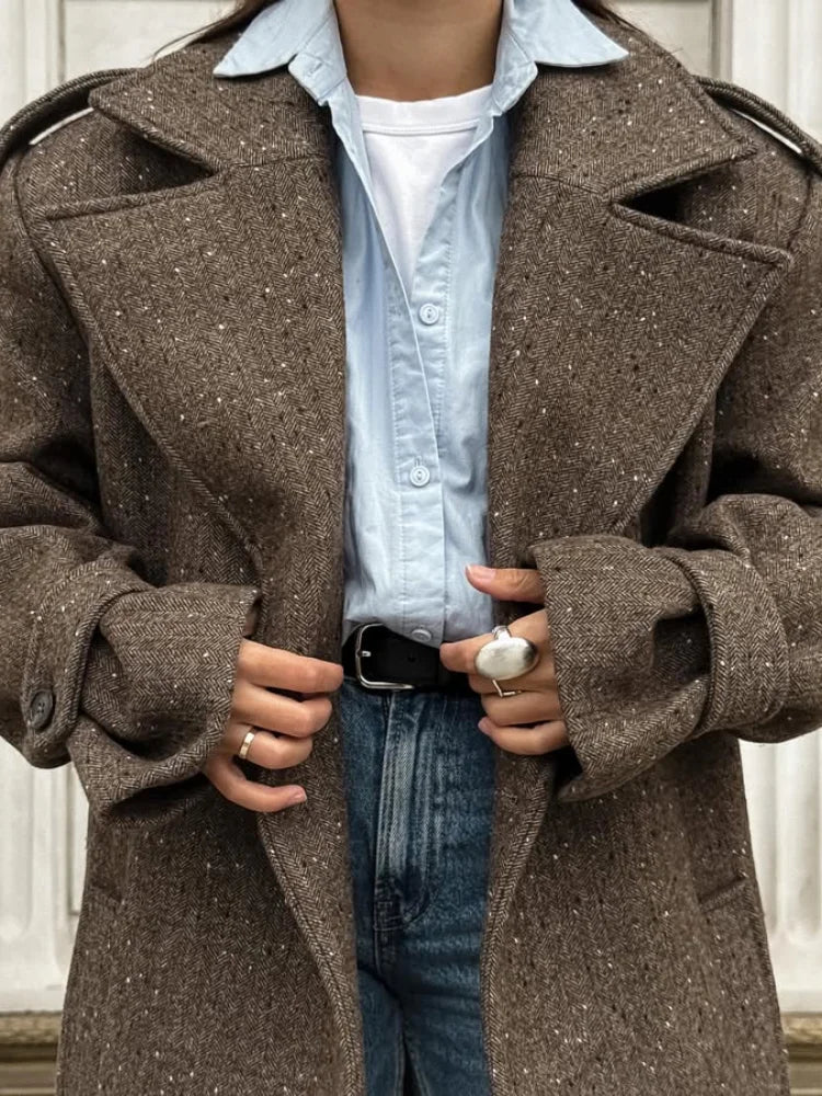 Trench-Coat Long en laine à revers pour femmes, manches longues, simple boutonnage, pardessus ample, vêtements d'extérieur pour les déplacements au bureau, automne 2025