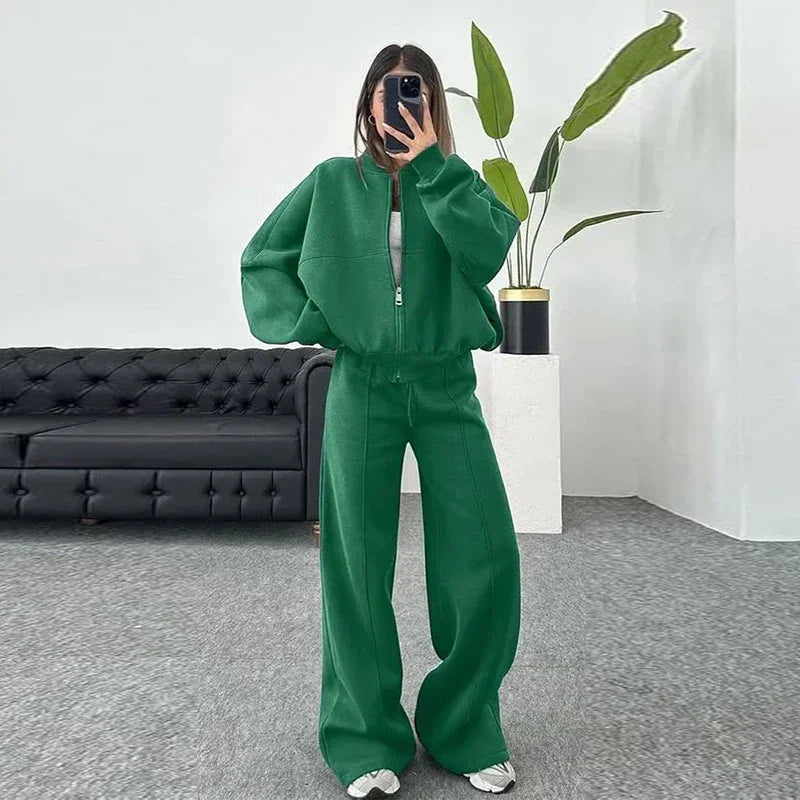 Ensemble sweat-shirt et pantalon pour femmes, décontracté, fermeture éclair, col rond, ample, à lacets, taille élastique, costumes, vêtements d'extérieur solides, printemps-automne