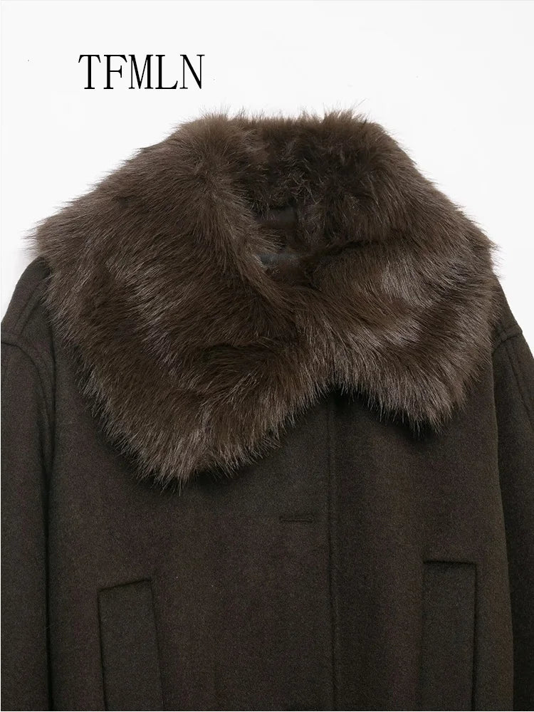 TFMLN femmes lâche fausse fourrure col vestes avec ceinture 2025 automne hiver chaud à manches longues recadrée manteaux rétro haute rue vêtements d'extérieur