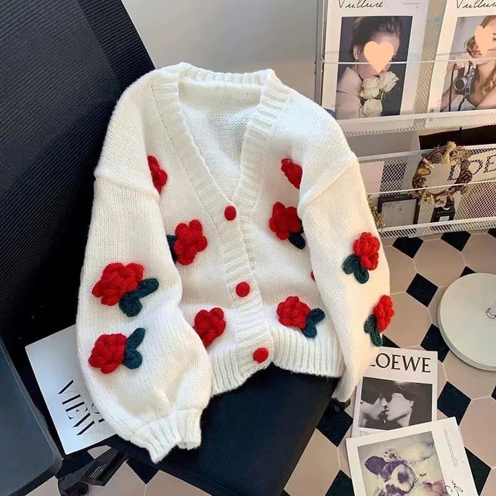 Cardigan tricoté à fleurs 3D pour femme, doux et mignon, coréen, assorti avec tout, col en v, manteau, automne hiver, Style doux, nouvelle collection
