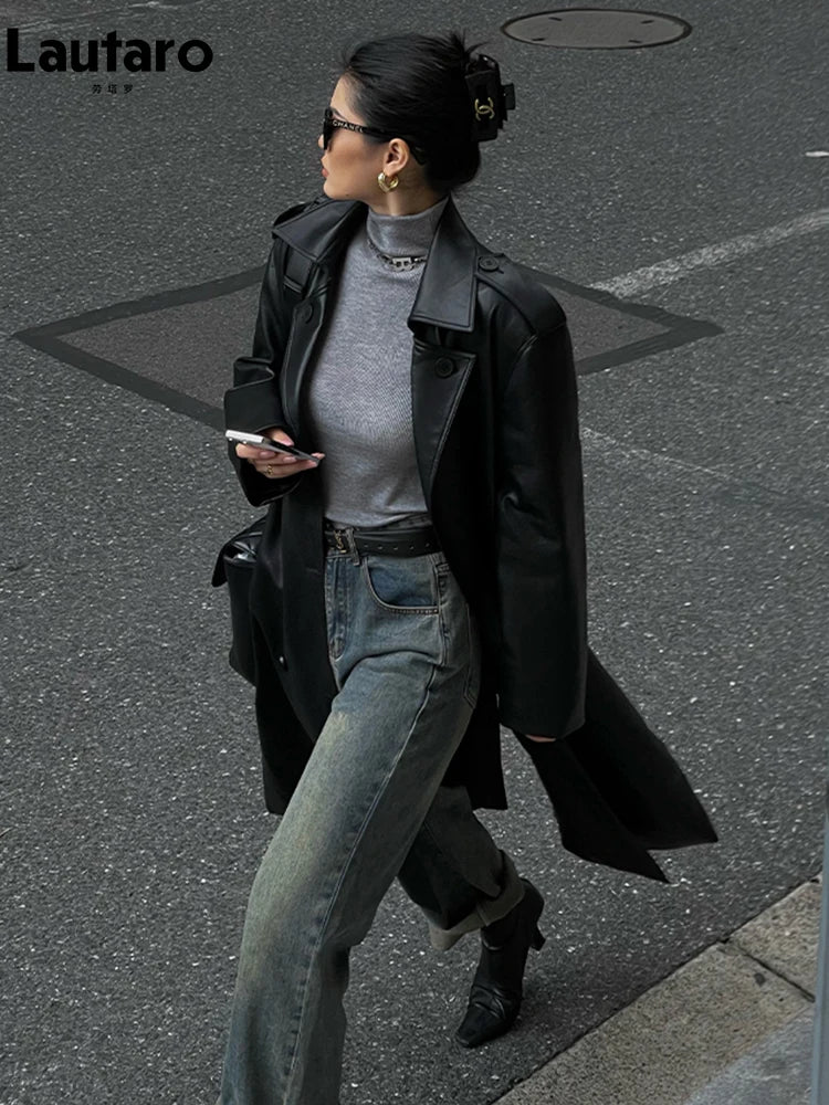 Lautaro – Trench-Coat en Faux cuir doux pour femmes, Long marron noir, ceinture à Double boutonnage, pardessus de luxe élégant, printemps automne