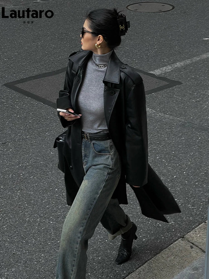 Lautaro – Trench-Coat en Faux cuir doux pour femmes, Long marron noir, ceinture à Double boutonnage, pardessus de luxe élégant, printemps automne