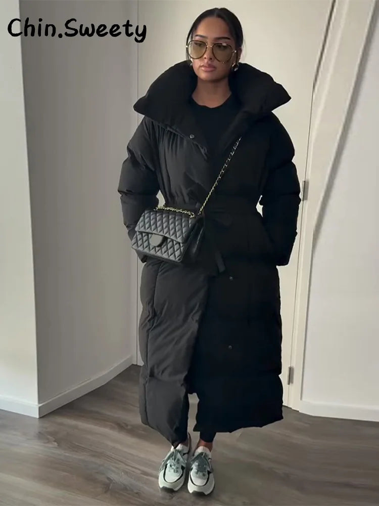 Chaud femmes gonflé matelassé à capuche Long coton manteau ample solide col montant à lacets fermeture éclair pardessus 2025 hiver dame vêtements d'extérieur