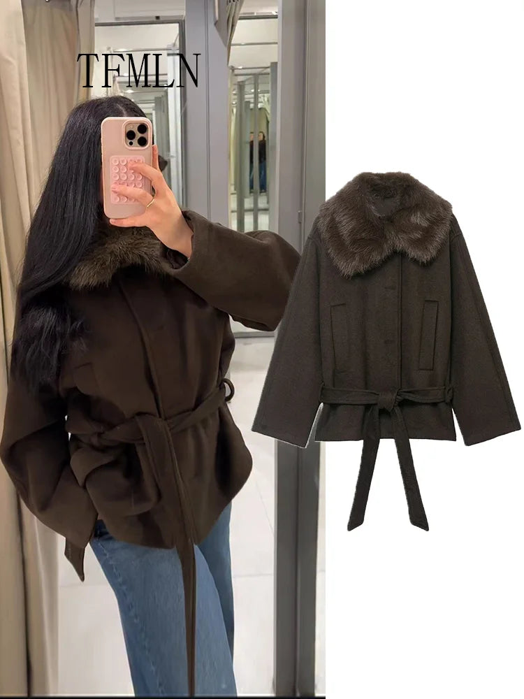 TFMLN femmes lâche fausse fourrure col vestes avec ceinture 2025 automne hiver chaud à manches longues recadrée manteaux rétro haute rue vêtements d'extérieur