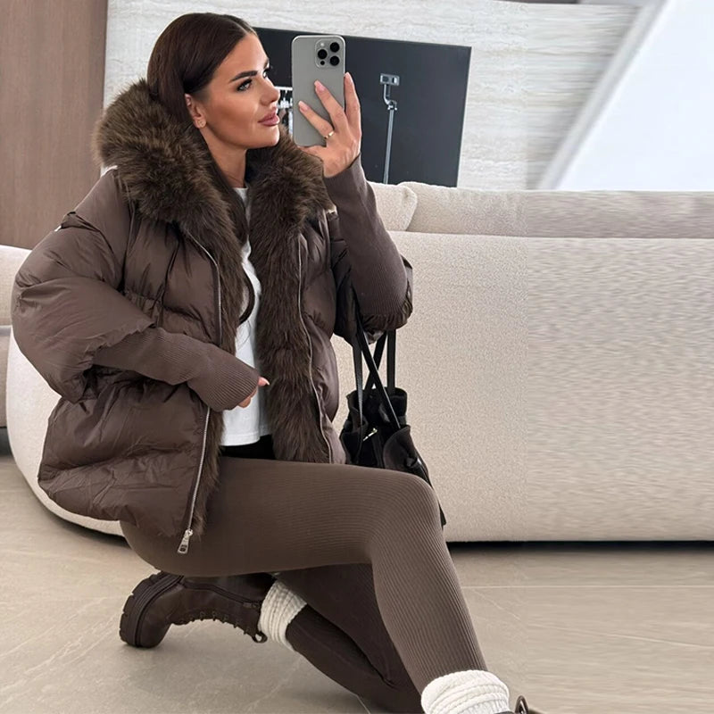 Mode femmes fausse fourrure à capuche vestes d'hiver 2025 chaud Patchwork fermeture éclair manches longues manteaux bouffant femme solide doudoune