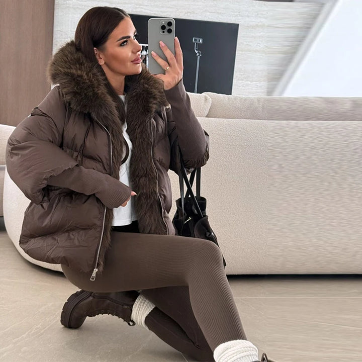 Mode femmes fausse fourrure à capuche vestes d'hiver 2025 chaud Patchwork fermeture éclair manches longues manteaux bouffant femme solide doudoune