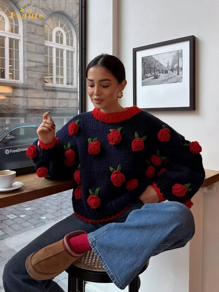 Pull Statement en Maille aux Roses Texturées Femme