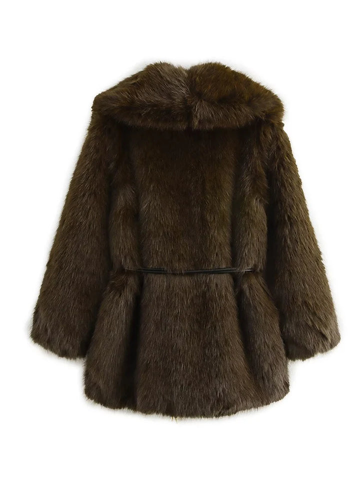 Women's Lapel Faux Fur Coat With Belt Winter Fashion Elegant Long Sleeve Thicken Warm Jackets Casual Female Street Outerwear