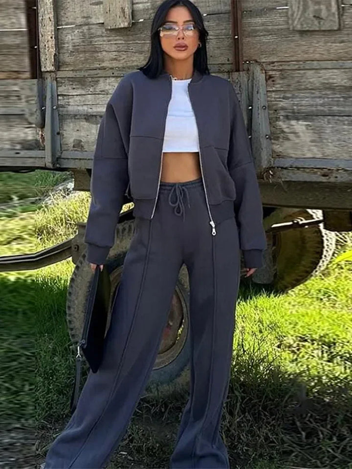 Ensemble sweat-shirt et pantalon pour femmes, décontracté, fermeture éclair, col rond, ample, à lacets, taille élastique, costumes, vêtements d'extérieur solides, printemps-automne