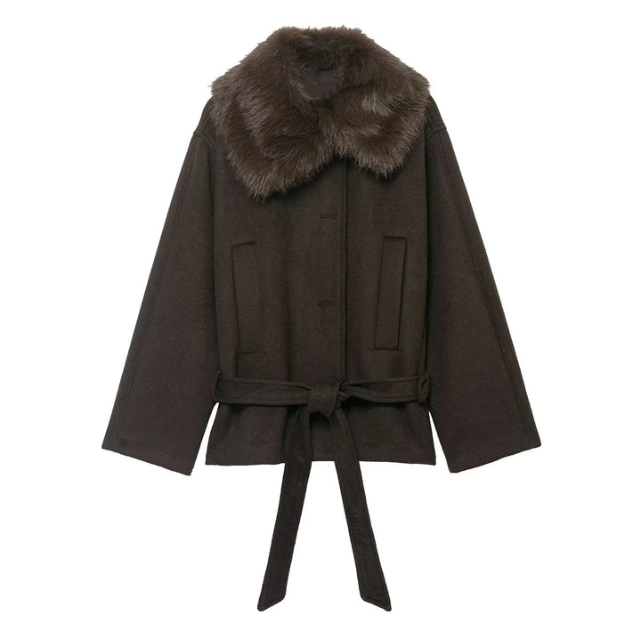 TFMLN femmes lâche fausse fourrure col vestes avec ceinture 2025 automne hiver chaud à manches longues recadrée manteaux rétro haute rue vêtements d'extérieur