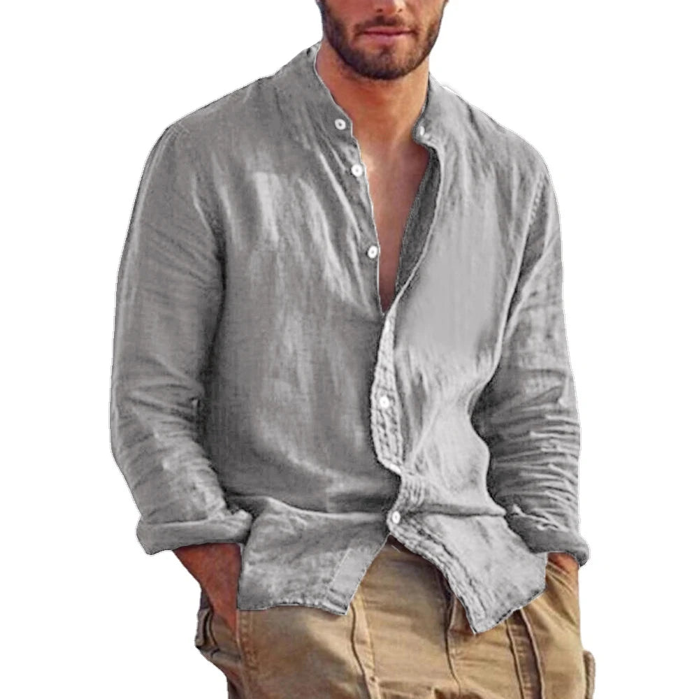Mode Lumiére | Chemise en Lin Col Mao Homme  Élégance Décontractée