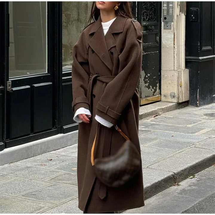 Élégant gris ceinture longue Faux laine manteau femmes revers Double boutonnage rue manteaux femme 2025 automne hiver nouvelle dame Peacoat