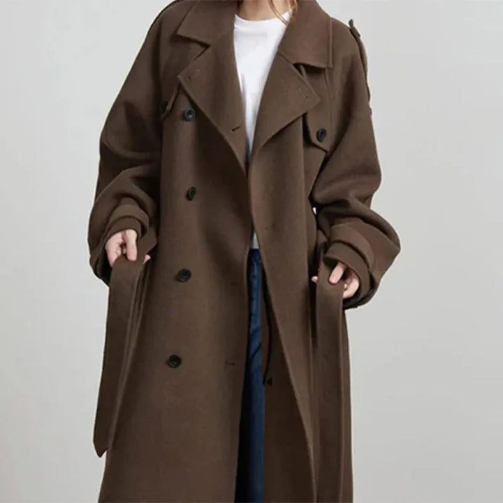 Élégant gris ceinture longue Faux laine manteau femmes revers Double boutonnage rue manteaux femme 2025 automne hiver nouvelle dame Peacoat