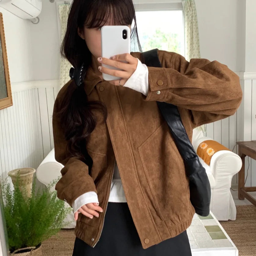Veste en daim de Style coréen à la mode, ensemble Mini jupe trapèze à manches longues, tenue élégante d'automne pour femmes, Ensemble Chic et décontracté