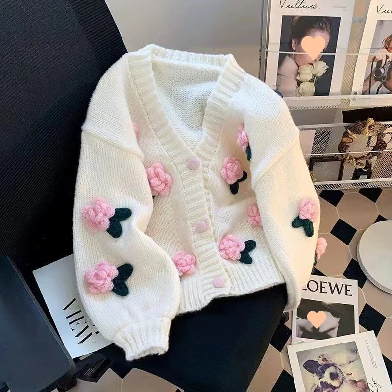 Cardigan tricoté à fleurs 3D pour femme, doux et mignon, coréen, assorti avec tout, col en v, manteau, automne hiver, Style doux, nouvelle collection