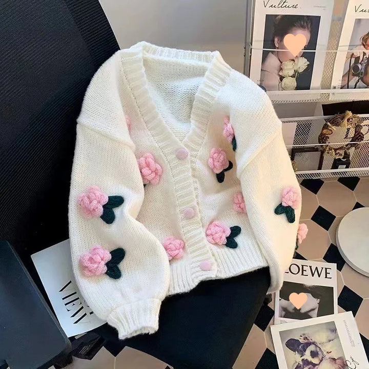 Cardigan tricoté à fleurs 3D pour femme, doux et mignon, coréen, assorti avec tout, col en v, manteau, automne hiver, Style doux, nouvelle collection