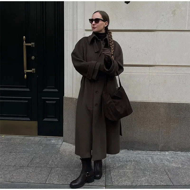 Élégant gris ceinture longue Faux laine manteau femmes revers Double boutonnage rue manteaux femme 2025 automne hiver nouvelle dame Peacoat