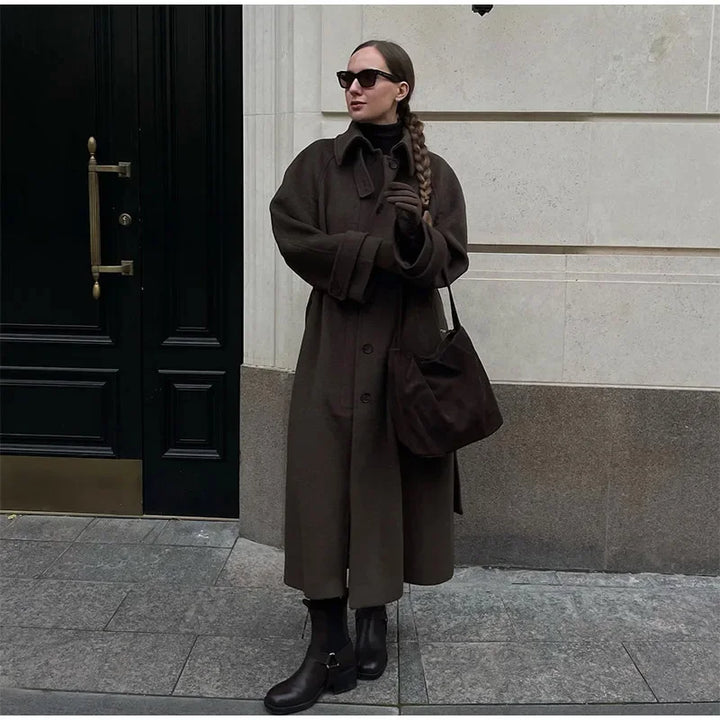 Élégant gris ceinture longue Faux laine manteau femmes revers Double boutonnage rue manteaux femme 2025 automne hiver nouvelle dame Peacoat
