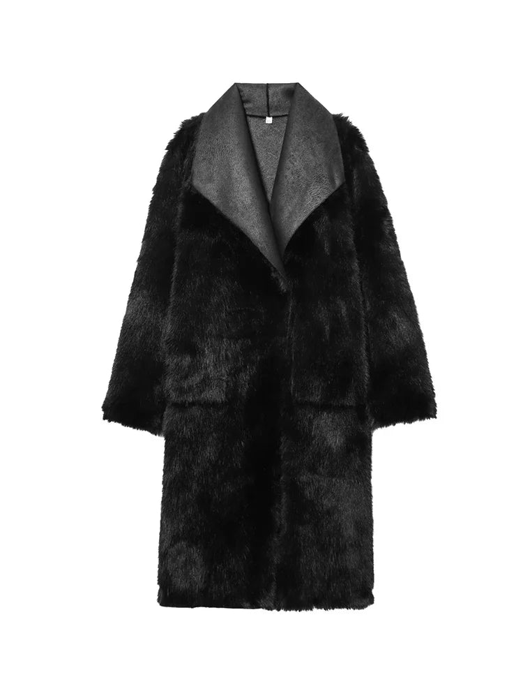 Femmes rétro réversible Long manteau décontracté fausse fourrure revers simple bouton poche veste dames hiver mode rue vêtements d'extérieur chauds