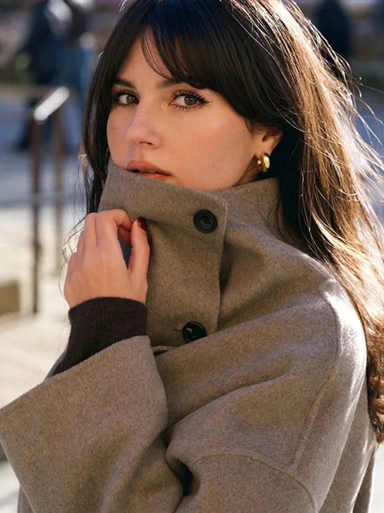 Manteau en laine à col montant pour femmes, couleur unie, manches longues, simple boutonnage, veste à lacets, vêtements d'extérieur quotidiens, nouvelle collection printemps automne 2026