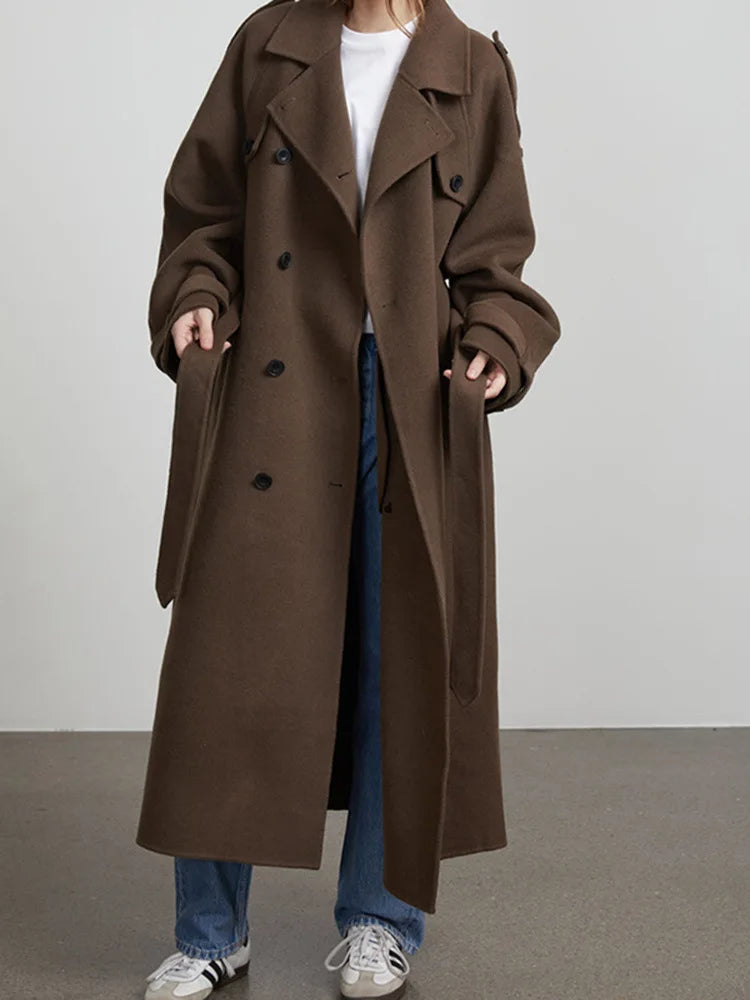 Manteau Long Noir Élégant avec Ceinture pour Femme, Pardessus Surdimensionné en Laine, Double Bouton, Revers, Nouvelle Collection Automne