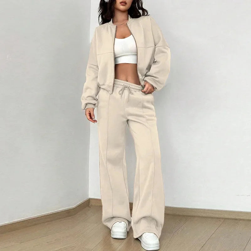 Ensemble sweat-shirt et pantalon pour femmes, décontracté, fermeture éclair, col rond, ample, à lacets, taille élastique, costumes, vêtements d'extérieur solides, printemps-automne