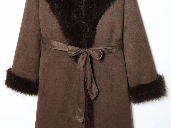 European and American style 2025 winter new product women's clothing artificial fur effect belt long coat jacket