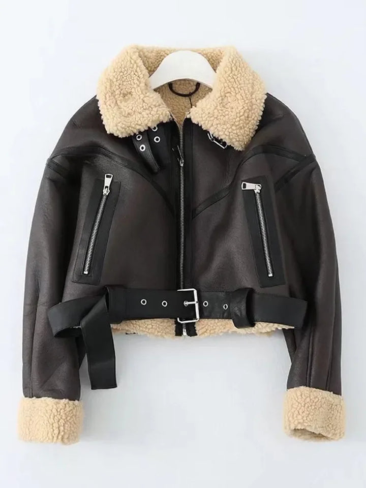 Ailegogo hiver femmes Streetwear fausse fourrure d'agneau veste courte avec ceinture Moto Biker épais chaud manteau en peau de mouton vêtements d'extérieur