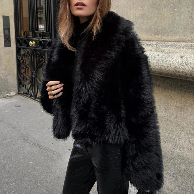 Neo Mint Street Fashion – manteau en fausse fourrure de renard pour femme, veste courte noire, Vintage, Chic, hiver 2024