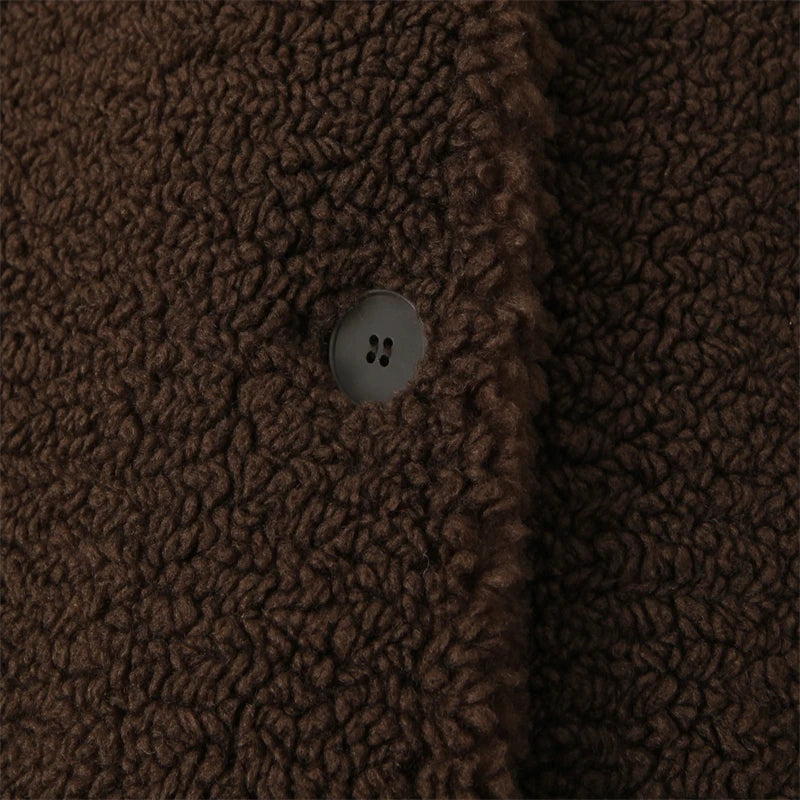 Manteau ours en peluche marron pour femme – Manteau long à revers en peau de mouton, pardessus en fausse fourrure boutonné sur le devant pour la chaleur de l'hiver