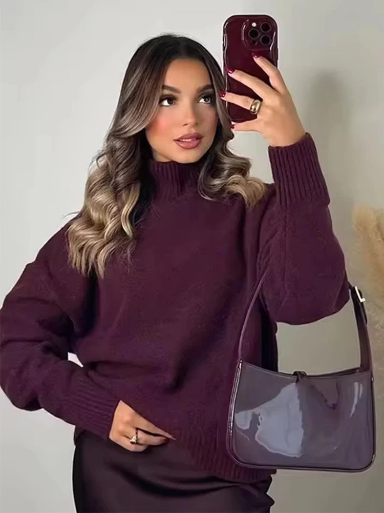 Femmes élégant doux haut tricoté femmes mode à manches longues col montant pull pull 2025 nouveau décontracté lâche tricots hauts