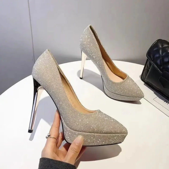 Chaussures de mariage françaises Sexy, bout pointu, talons hauts, argent, nouvelle mariée, chaussures habillées pour femmes, plateforme imperméable, grande taille