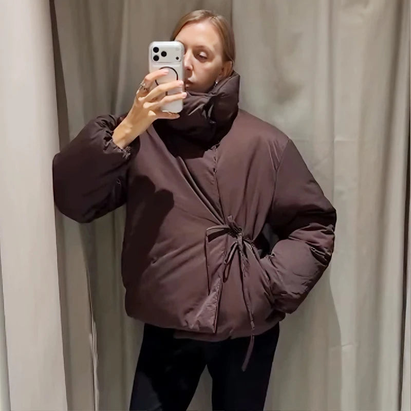Veste d'hiver femme marron décontracté à lacets veste en coton col montant à manches longues léger rembourré veste manteau chaud dames
